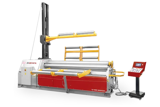 4V HMR hydraulic 4-roll plate bending machine, model 3050 × 250, with side support and control panel.