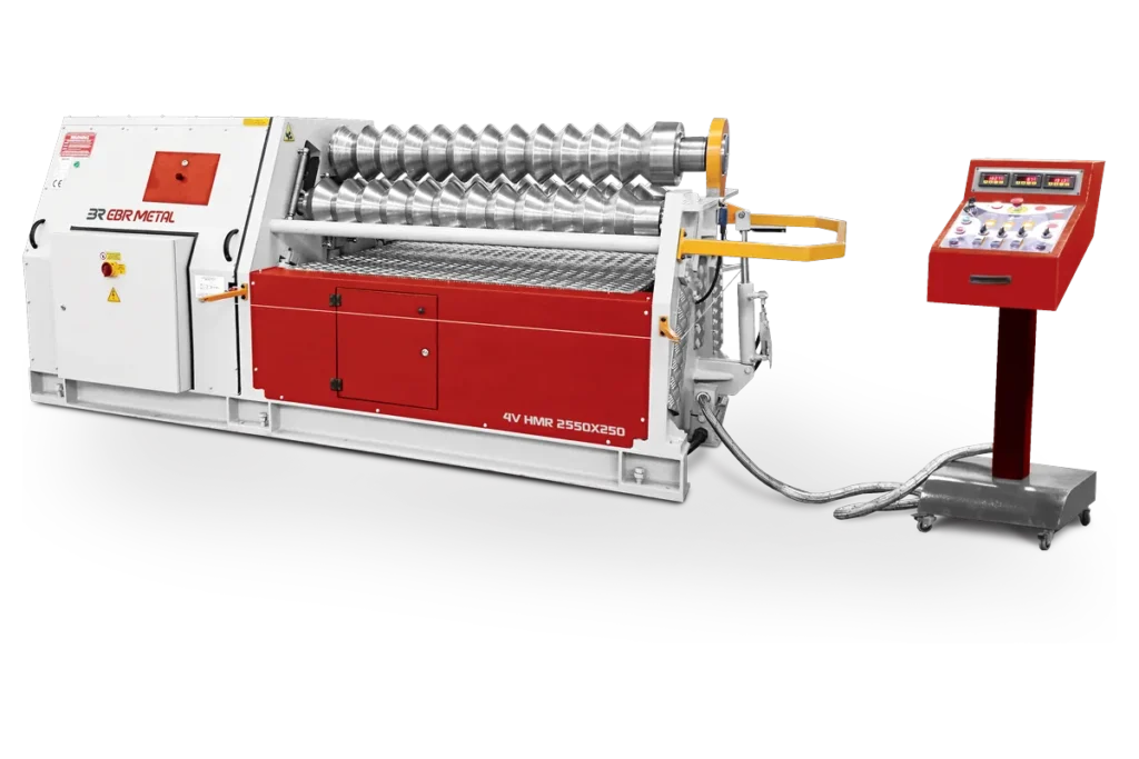 4V HMR hydraulic 4-roll plate bending machine in a special configuration with grooved rolls.
