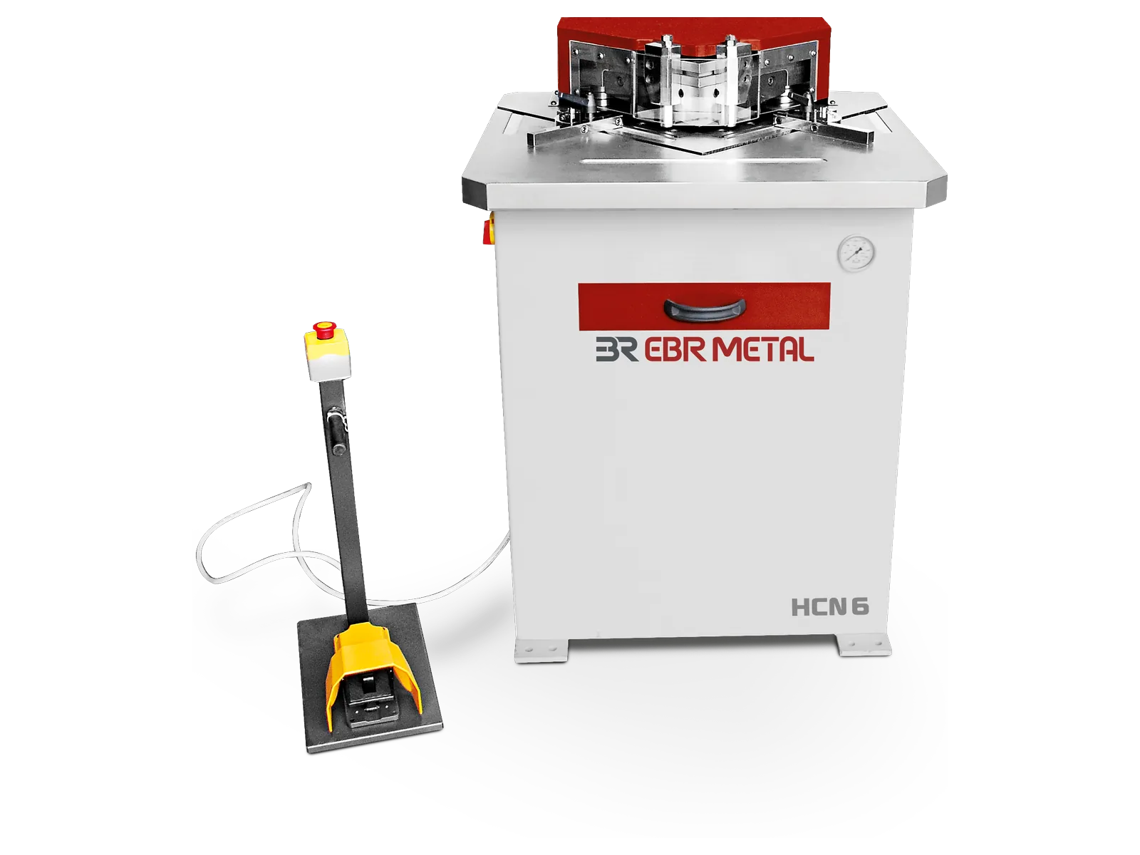 HCN 6 hydraulic corner notching machine with fixed 90° blades and foot pedal.