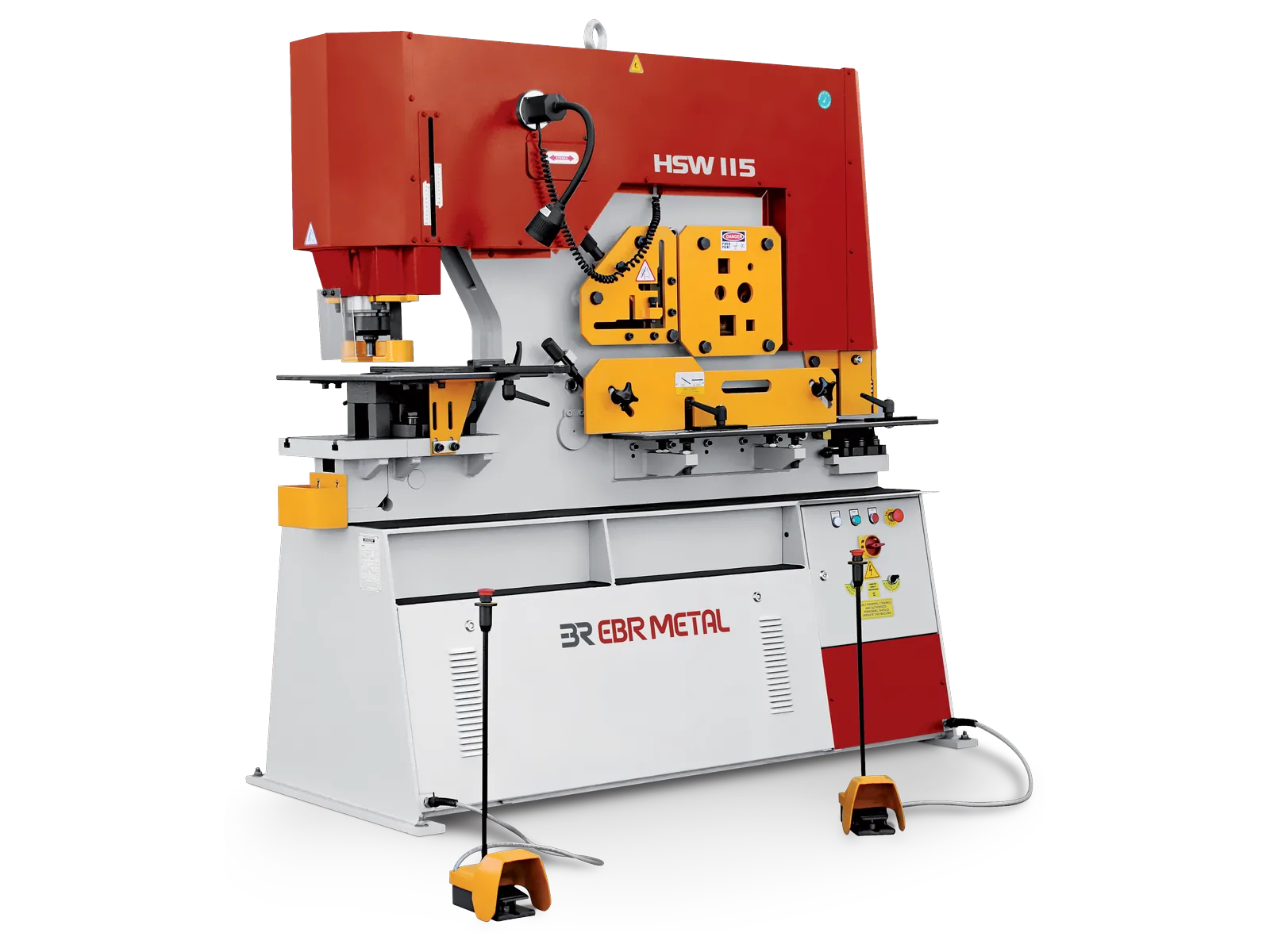 HSW 115 hydraulic ironworker with twin cylinders, two foot pedals and five workstations.