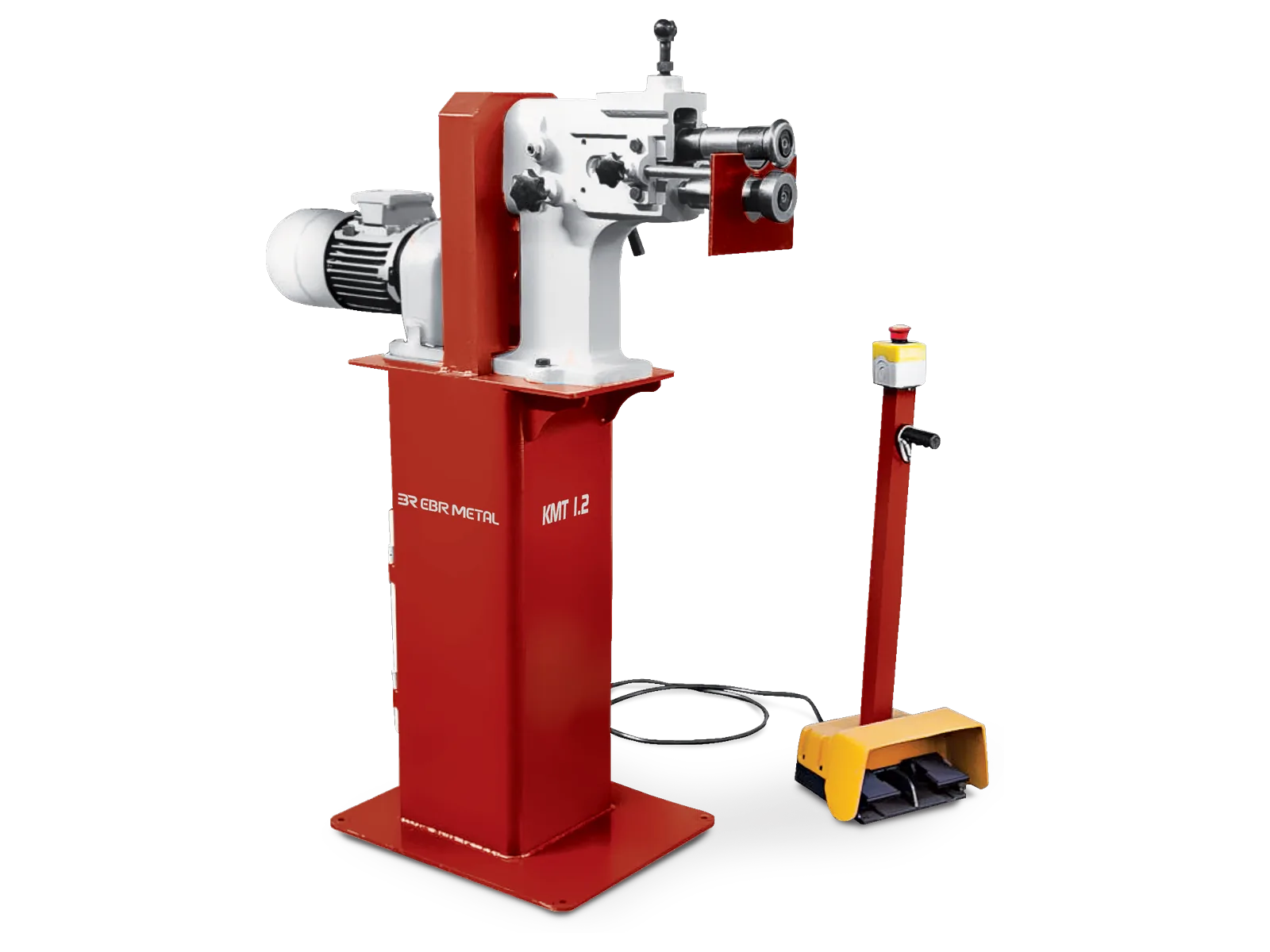 KMT 1.2 motorized sheet metal beading machine with floor stand and foot pedal.