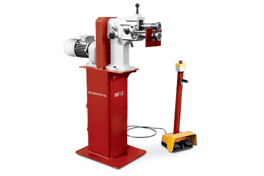 KMT 1.2 motorized sheet metal beading machine with floor stand and foot pedal.